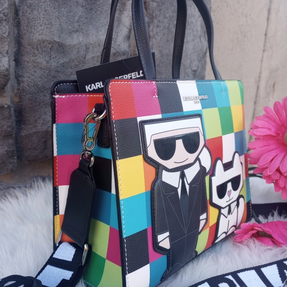 LAST ONE🔥 Karl Lagerfeld Multicolored Rainbow Checkered Maybelle Satchel - Picture 3 of 15